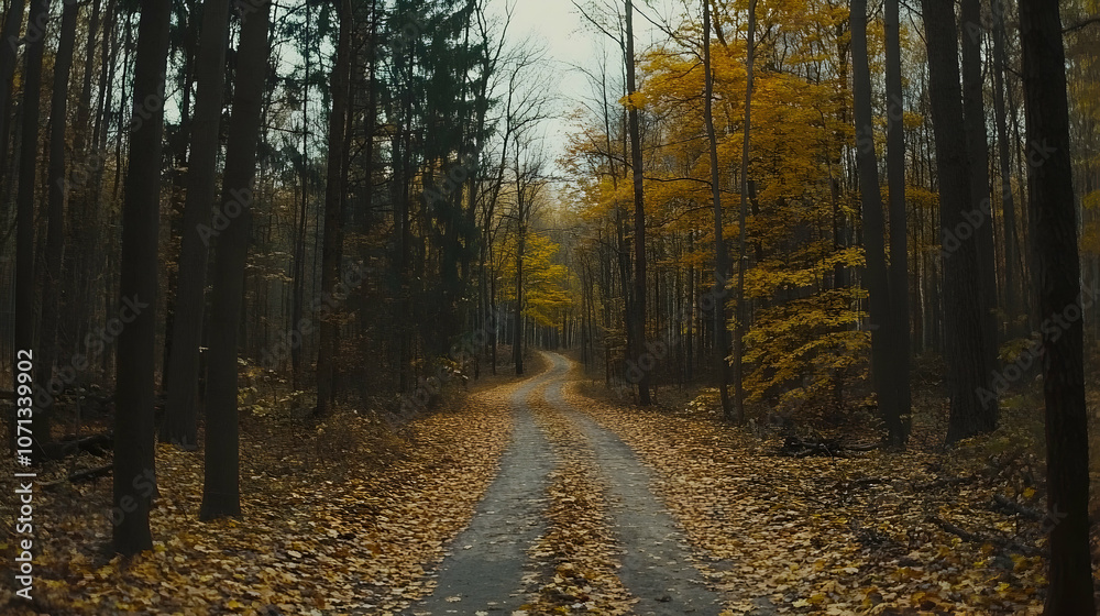 Fototapeta premium A winding dirt road cuts through a dense forest, the trees are a mix of green and gold, and the ground is covered in fallen leaves.