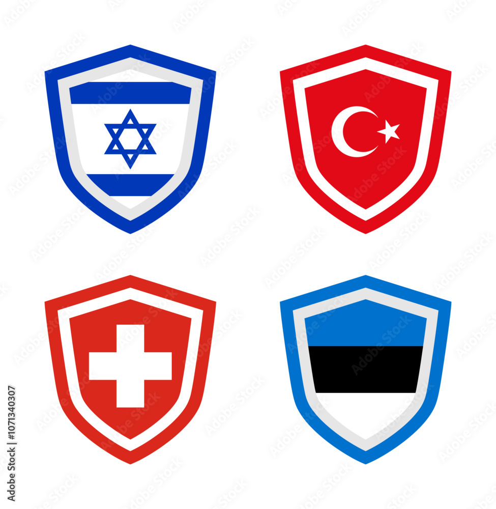 vector set of shield icon badge - flag nation (israel, turkey, switzerland, estonia) vector set of shield icon badge - flag nation (israel, turkey, switzerland, estonia)