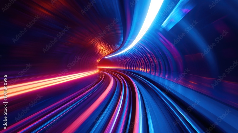 Abstract tunnel with bright neon blue and red lights creating speed and motion blur effect. Abstract tunnel with bright neon blue and red lights creating speed and motion blur effect.