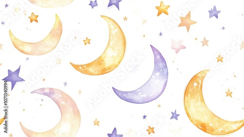Watercolor illustration of crescent moons and stars in various shades of yellow and purple on a white background.