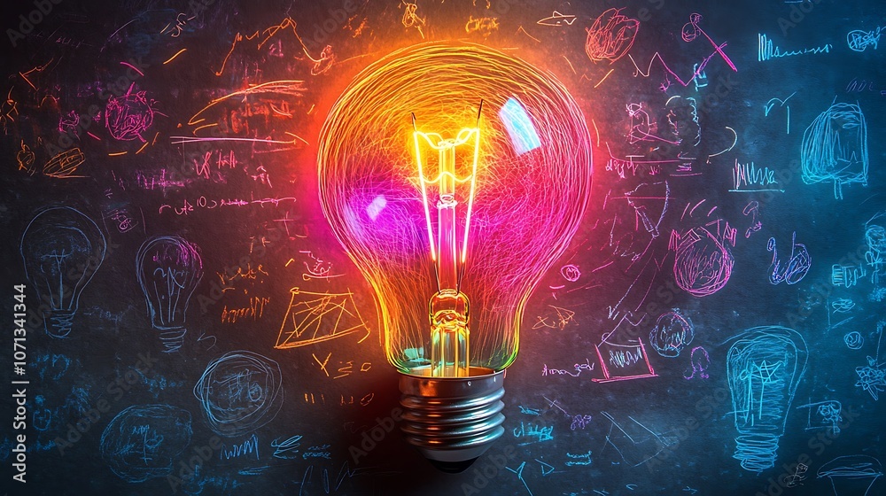A brightly glowing light bulb with colorful accent