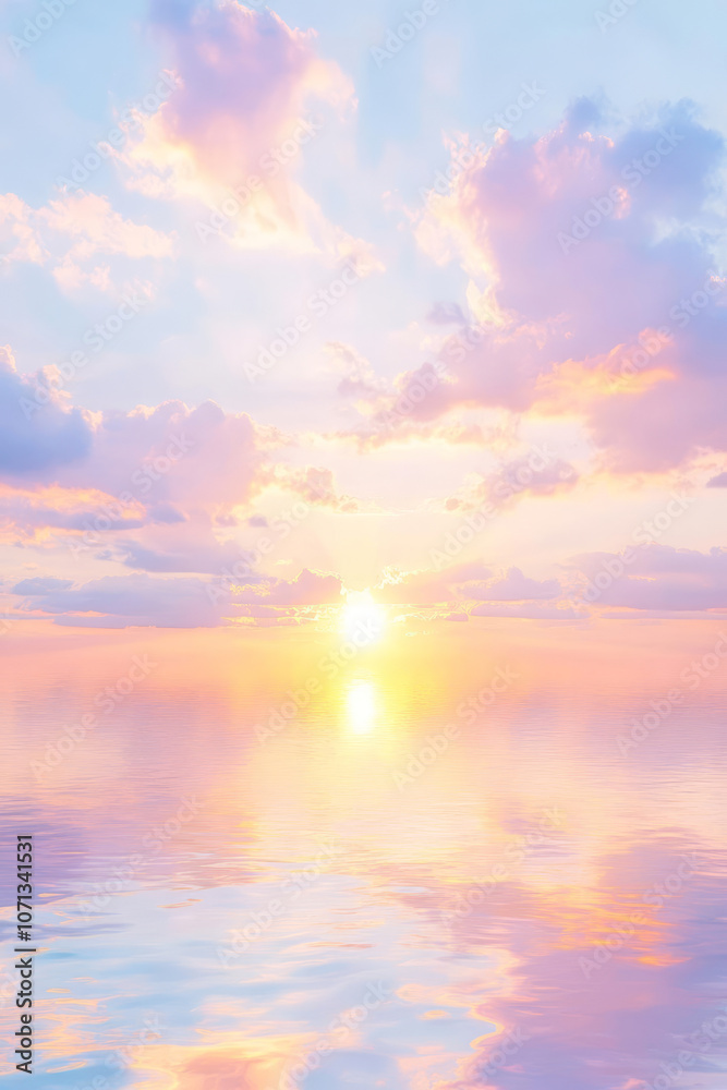 Fototapeta premium serene sunset over calm waters, with pastel clouds reflecting beautifully. tranquil scene evokes sense of peace and wonder