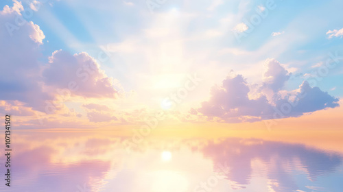 serene sunset over calm waters, with soft clouds reflecting vibrant colors. tranquil scene evokes sense of peace and wonder