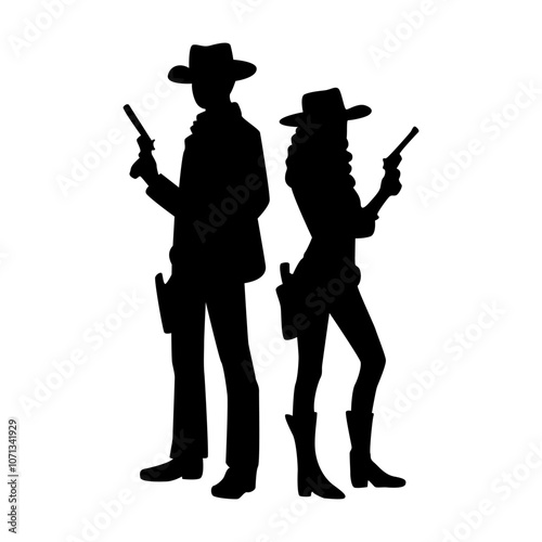 Silhouette of Cowboy and Cowgirl with Gun