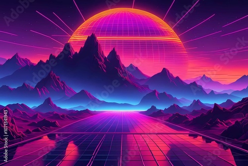 Cyberpunk retro-futuristic scene, neon wireframe mountains, grid surface, digital sunset sky