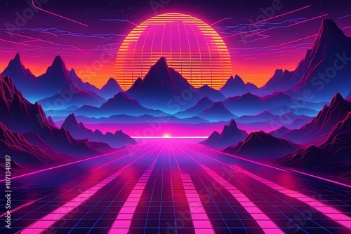 Futuristic 80s retro background, glowing grid surface, neon mountains, cosmic sky sunset