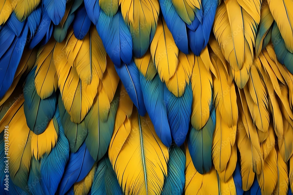 Obraz premium Close-up of Blue and Yellow Macaw feathers, vibrant colors, exotic texture, nature beauty