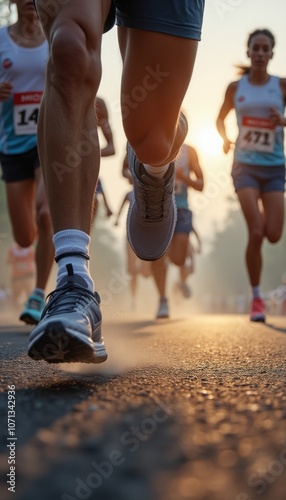 A group of marathon runners in action on a city street, captured from ground level showing motion and energy. The image represents fitness, competition, and endurance in sports.