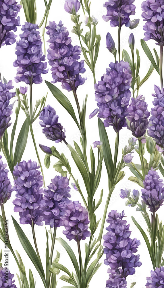 Obraz premium Seamless pattern of lavender flowers with green leaves on a white background.