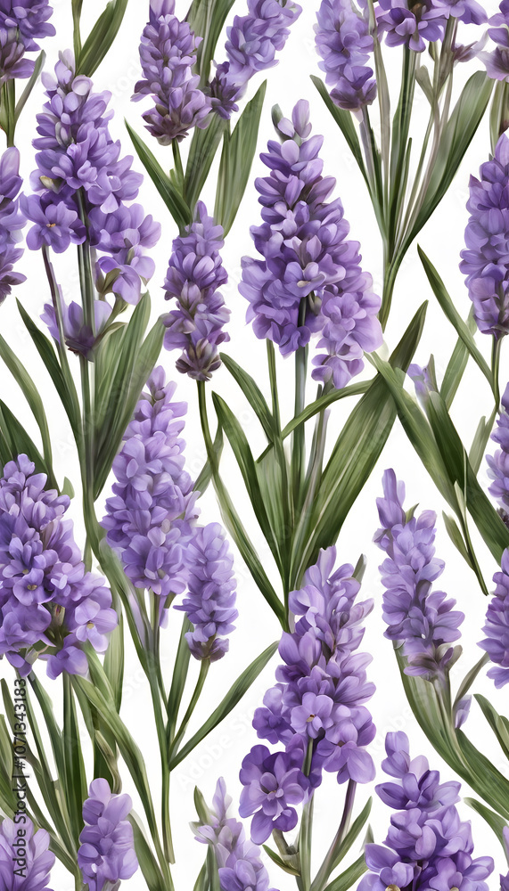 Fototapeta premium Seamless pattern of lavender flowers with green leaves on a white background.