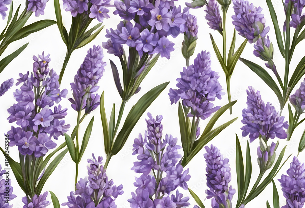 Seamless pattern of lavender flowers with green leaves on a white background. Seamless pattern of lavender flowers with green leaves on a white background.