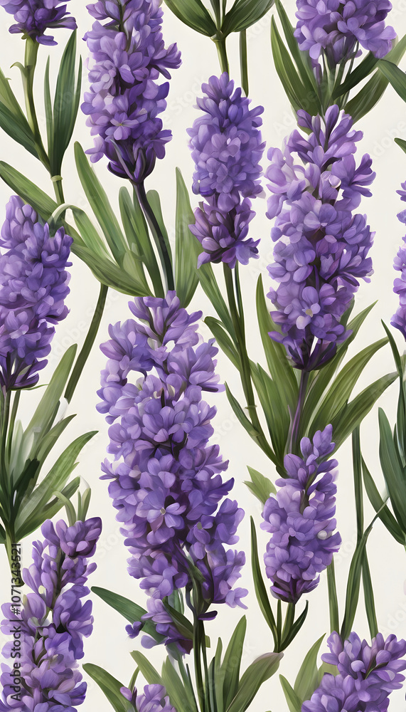 Fototapeta premium Seamless pattern of lavender flowers with green leaves on a white background.