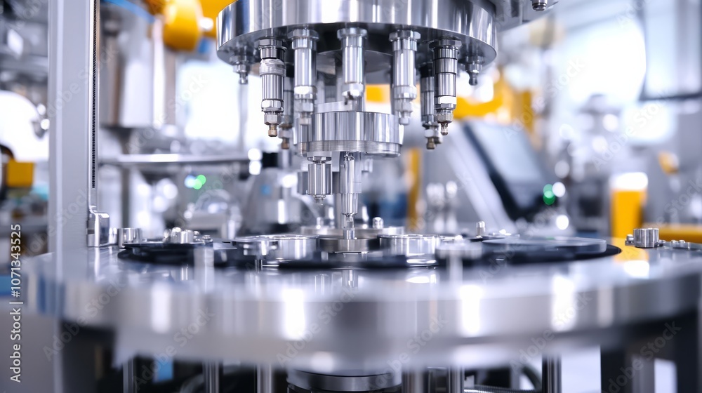 Automated Precision: A close-up view of a gleaming, multi-head filling machine in a pharmaceutical or industrial setting. The intricate design and sleek. Automated Precision: A close-up view of a gleaming, multi-head filling machine in a pharmaceutical or industrial setting. The intricate design and sleek.