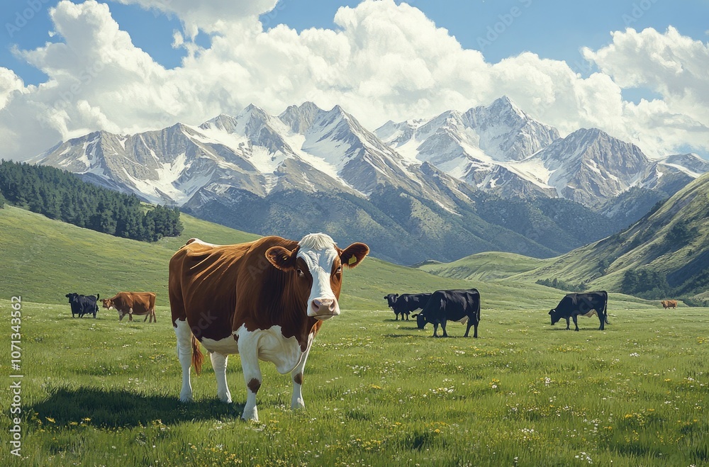 A group of cows grazing in the green, grassy pasture with mountains behind them. A group of cows grazing in the green, grassy pasture with mountains behind them.
