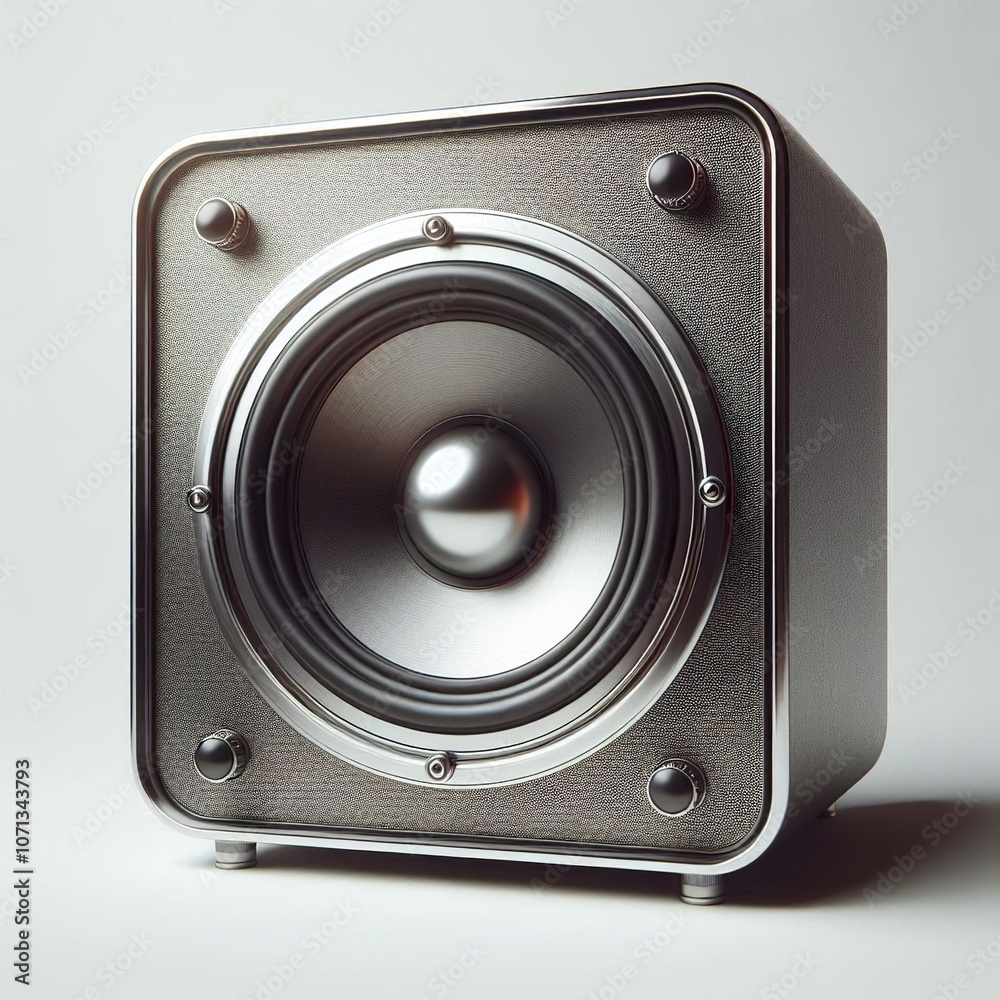 a metallic silver, gold style 60s retro speaker, vintage realistic, hyper realistic, isolated on white background a metallic silver, gold style 60s retro speaker, vintage realistic, hyper realistic, isolated on white background