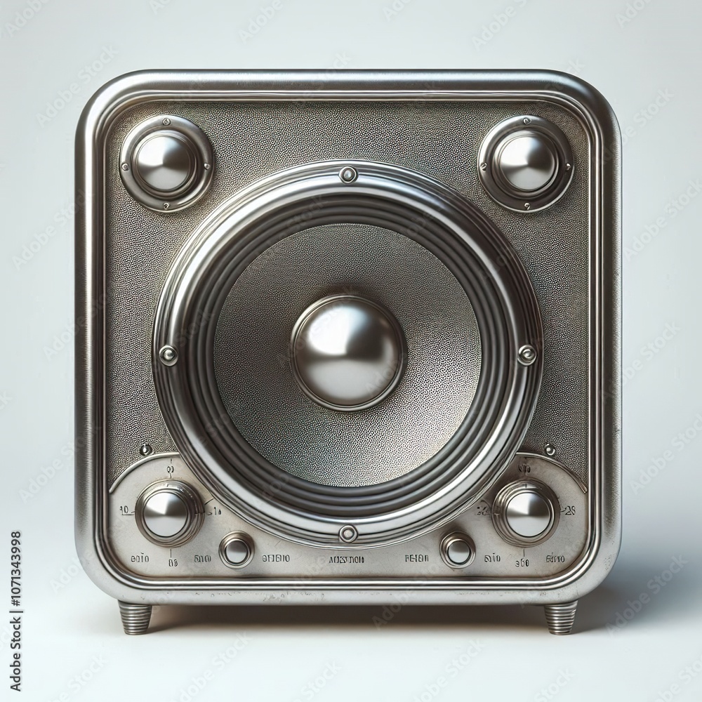 a metallic silver, gold style 60s retro speaker, vintage realistic, hyper realistic, isolated on white background a metallic silver, gold style 60s retro speaker, vintage realistic, hyper realistic, isolated on white background