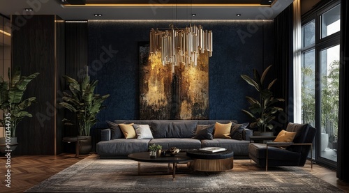 Dark blue wall, modern interior design of the living room with a gray sofa and coffee table, a golden chandelier hanging above the black armchair, decorative plants in vases on the wooden floor