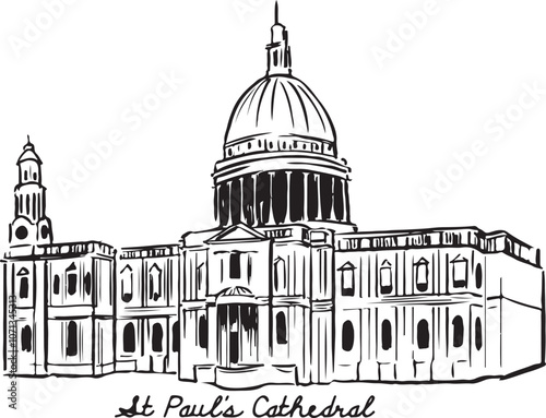 St Paul Cathedral ink illustration. London landmark tourists attraction ink illustration. England famous buildings vector drawings.