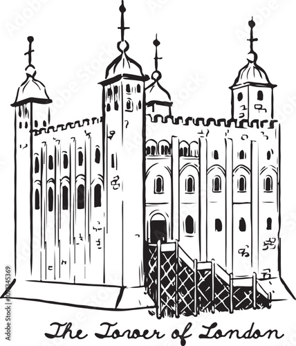 The Tower of London line sketch. London landmark tourists attraction ink illustration. England famous buildings vector drawings. 