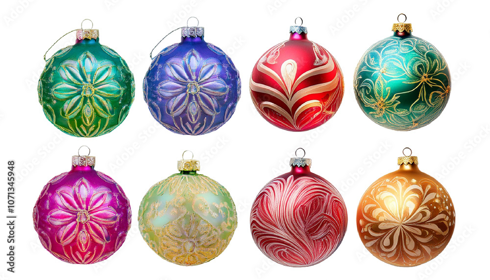 A set of 8 colorful of Christmas baubles with pattern PNG transparent background for Christmas decoration A set of 8 colorful of Christmas baubles with pattern PNG transparent background for Christmas decoration