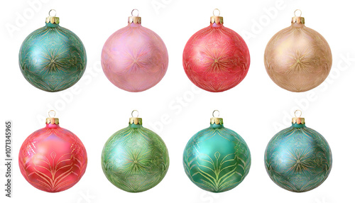 A set of 8 colorful of Christmas baubles with pattern PNG transparent background for Christmas decoration