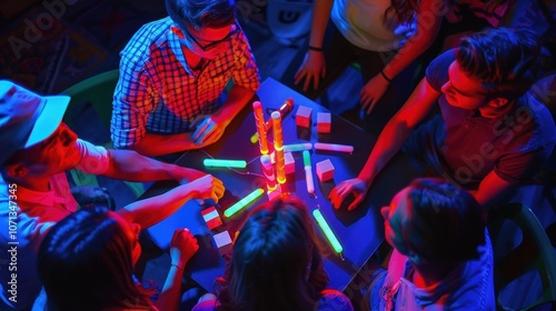 A group of friends huddled around a table playing a glow stick version of Jenga. photo