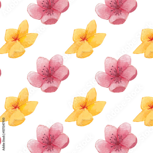 Vietnamese traditional flowers for Tet holiday watercolor seamless pattern. Peach blossom and apricot blossom painting elements. Asia lunar new year flower vector background.