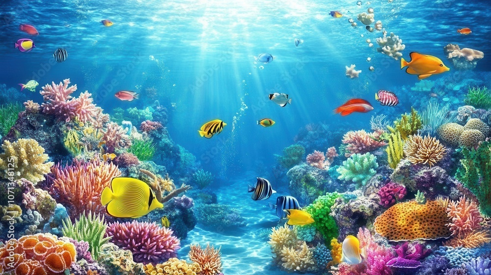 Naklejka premium Vibrant Underwater Reef Illustration with Colorful Fish