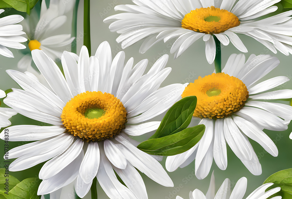 Fototapeta premium Close-up of a single white daisy with a yellow center and green leaves.