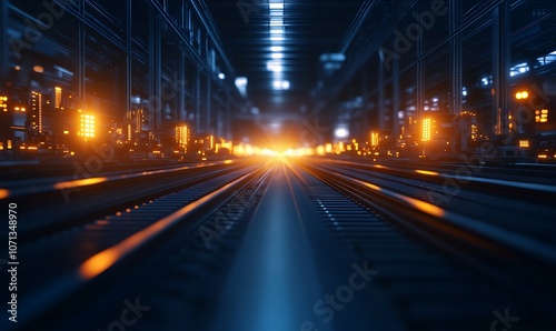 A futuristic view of illuminated train tracks leading into a tunnel, showcasing a blend of technology and industrial design.