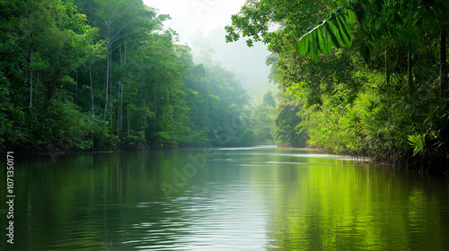 a peaceful river flowing through a dense forest photo