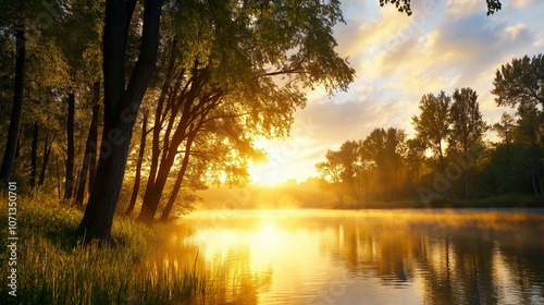 a sunrise over a calm lake surrounded by trees