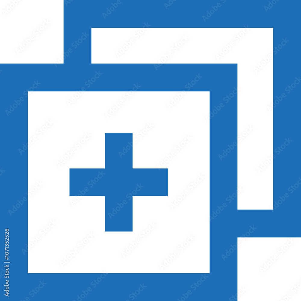 A Blue Plus Symbol Surrounded by Two Outlined Squares Representing Addition or Creation in a Minimalist Design A Blue Plus Symbol Surrounded by Two Outlined Squares Representing Addition or Creation in a Minimalist Design