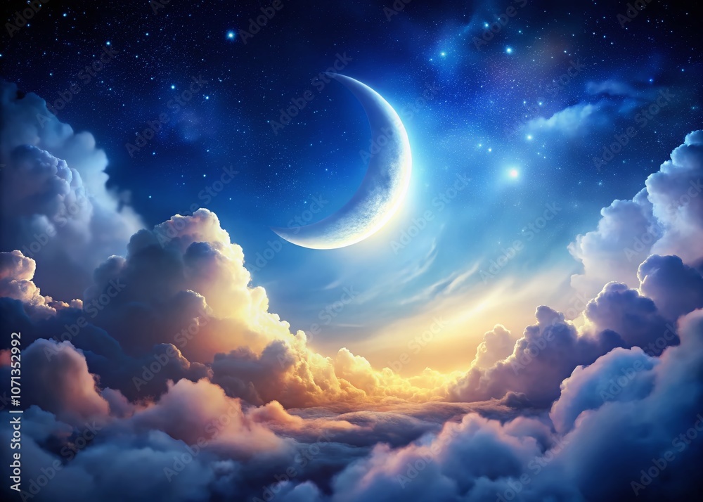 Crescent moon, soft clouds, and an architectural vista. Crescent moon, soft clouds, and an architectural vista.