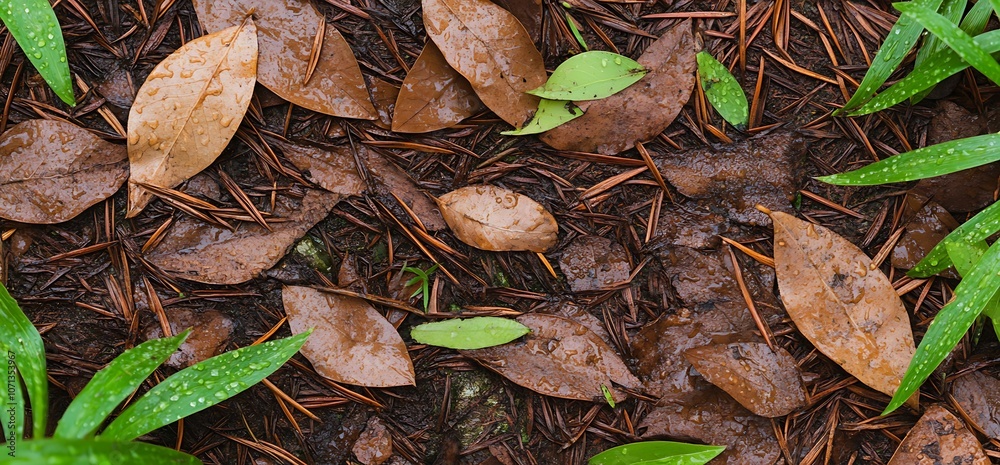 Wet leaves and green foliage on the forest floor. Wet leaves and green foliage on the forest floor.