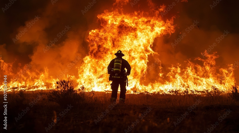 Fototapeta premium Firefighter Facing Raging Wildfire at Dusk