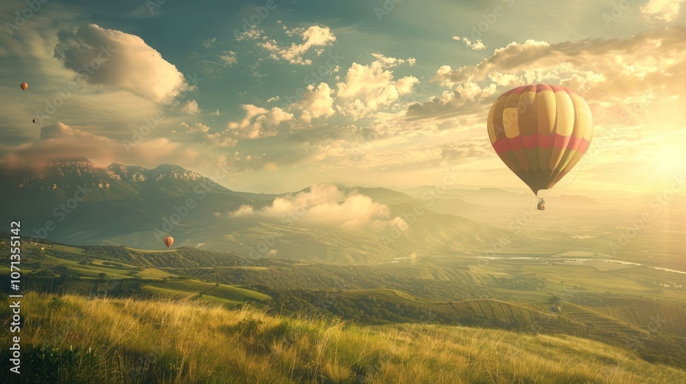 Obraz premium A serene landscape featuring hot air balloons soaring above rolling hills at sunset.