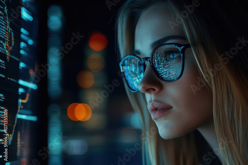 A woman with glasses gazes intently at data visualizations on a screen.