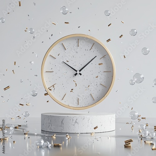 Midnight Celebration - Minimalist 3D Render of Clock Striking Midnight with Confetti and Champagne Bubbles