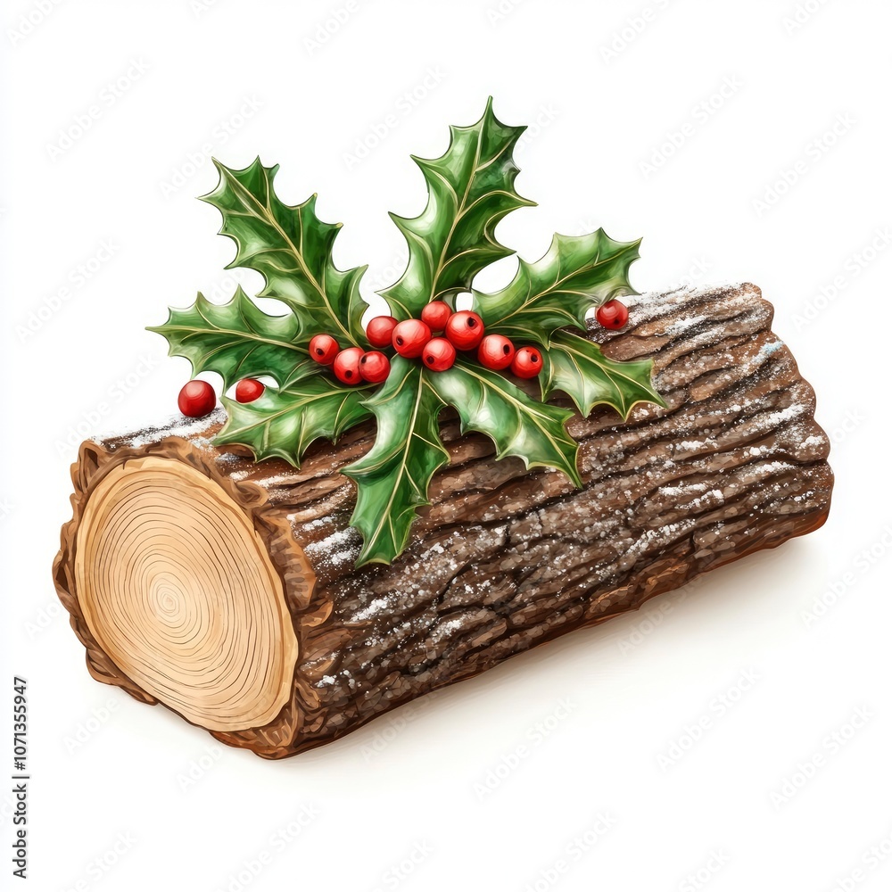 A Yule log cake with holly and berries. A Yule log cake with holly and berries.
