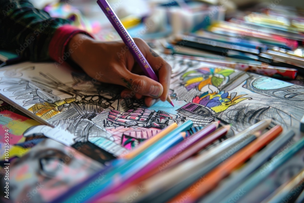 Fototapeta premium Explore creativity a hand engages in artistic design on an open sketchbook