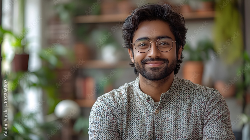 Fototapeta premium Portrait of a Smiling Man with Glasses and a Floral Shirt
