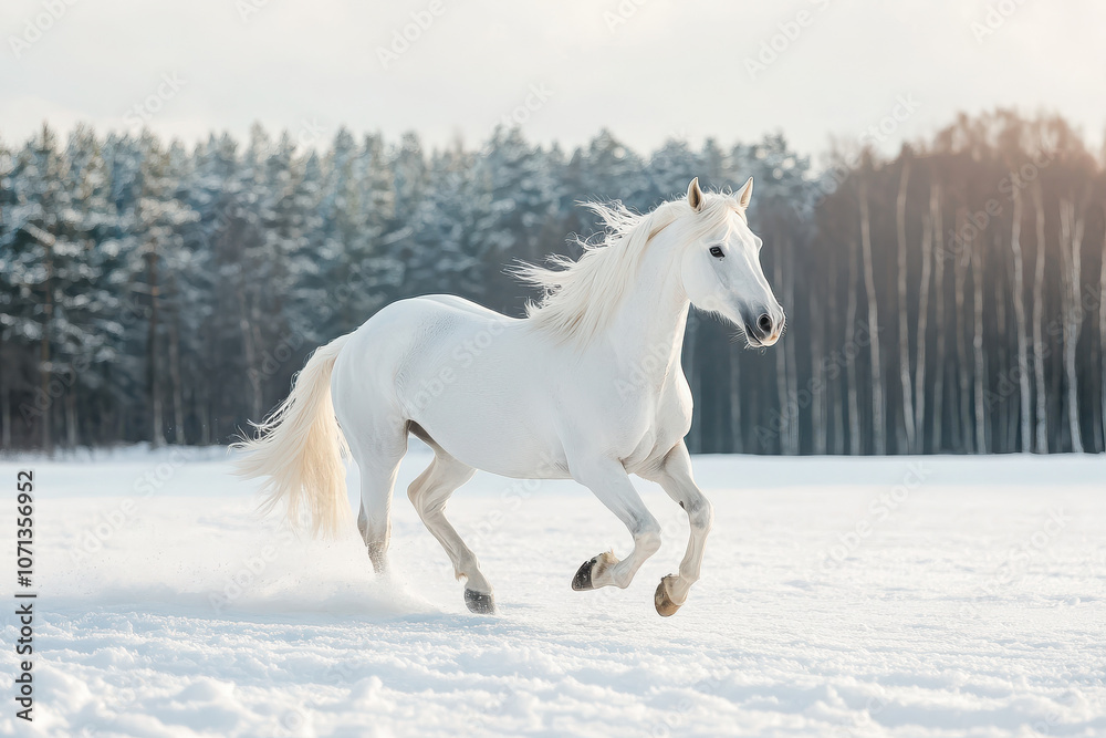 A white horse galloping through a snowy landscape under a cloudy sky. A white horse galloping through a snowy landscape under a cloudy sky.