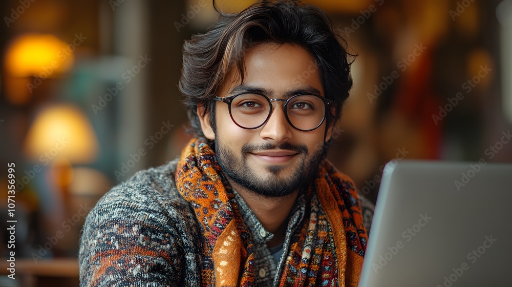 Young Man Wearing Glasses and a Scarf Smiles at Camera While Sitting in a Cafe with Laptop Young Man Wearing Glasses and a Scarf Smiles at Camera While Sitting in a Cafe with Laptop