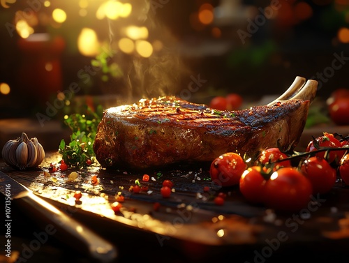 Ultrahyper realistic tomahawk steak, beautifully seared, juicy and succulent, served with grilled cherry tomatoes and garlic cloves, rustic steakhouse background with low lighting photo