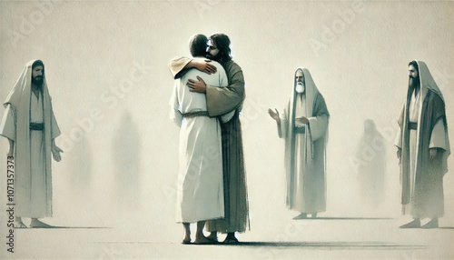 Judas betraying Jesus. Digital illustration.