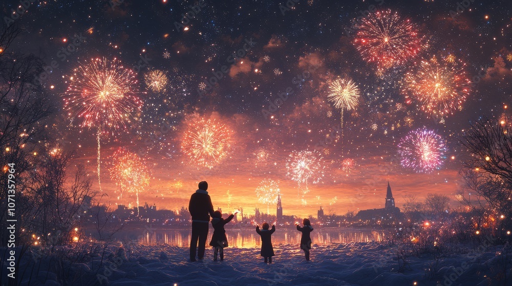 Christmas family gathering with fireworks outdoors, Joyful Family Celebrating Under Starry Fireworks