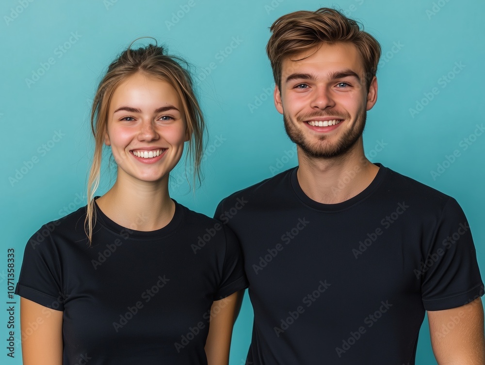 Smiling Duo in Studio Portrait with Blue Background. Generative AI. Smiling Duo in Studio Portrait with Blue Background. Generative AI.