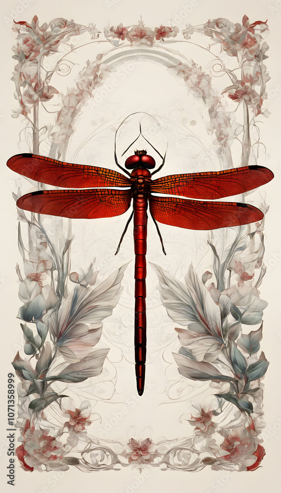 Obraz premium A detailed illustration of a red dragonfly with intricate wing patterns, set against a soft background.
