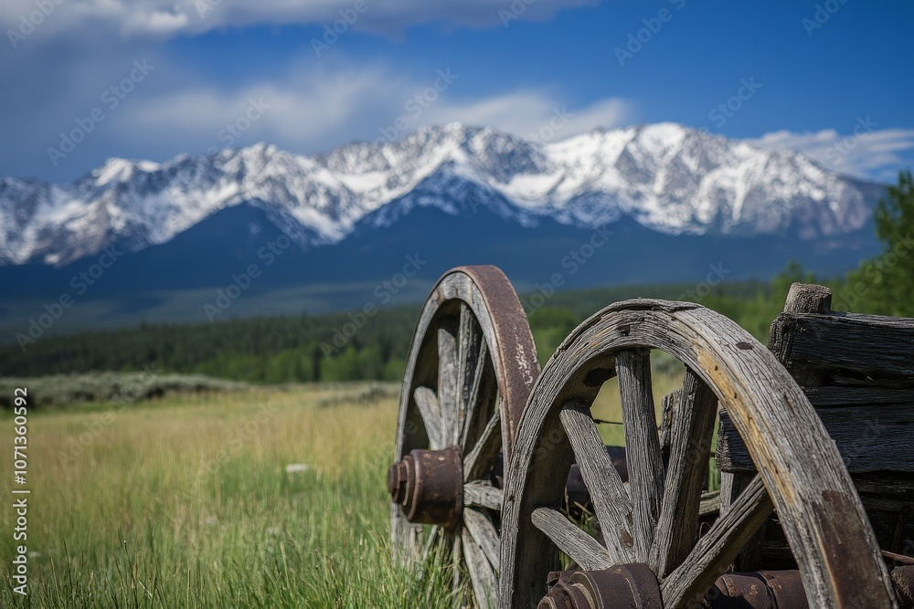 Fototapeta premium Rustic wagon wheels with snowy mountain backdrop in scenic landscape